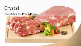  Presentation with porc chalk board - Slide set having raw neck of pork on a cutting board background and a sky blue colored foreground