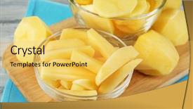  Presentation with cutting board - PPT theme with raw peeled and sliced potatoes in glass bowls on cutting board on color wooden background background and a yellow colored foreground