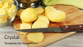  Presentation with cutting board - Audience pleasing slides consisting of raw peeled and sliced potatoes on cutting board on color wooden background backdrop and a yellow colored foreground