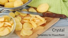  Presentation with cutting board - PPT theme having raw peeled and sliced potatoes on cutting board on color wooden background background and a yellow colored foreground