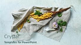  Presentation with penne pasta - PPT theme having raw-penne-pasta-basil-leaves background and a sky blue colored foreground