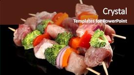  Presentation with black corporate women - Cool new slides with raw pork kebab on black background backdrop and a tawny brown colored foreground
