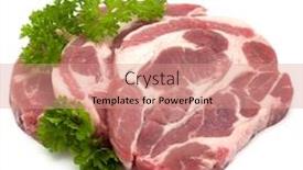  Presentation with raw meat - Slide deck consisting of raw pork neck chop meat with parsley herb leaves garnish isolated on white background cutout background and a coral colored foreground