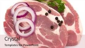  Presentation with raw meat - Presentation consisting of raw pork neck chop meat with parsley herb leaves peppercorn spices and onion slices garnish isolated on white background cutout background and a coral colored foreground