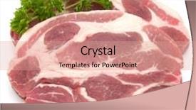 Presentation with raw meat - Slide deck with raw pork neck chop meat with parsley herb leaves garnish isolated on white background cutout background and a coral colored foreground