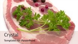  Presentation with raw meat - Slide set with raw pork neck chop meat with parsley herb leaves and peppercorn spices garnish isolated on white background cutout background and a coral colored foreground