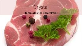  Presentation with raw meat - Presentation theme with raw pork neck chop meat with parsley herb leaves and peppercorn spices garnish isolated on white background cutout background and a coral colored foreground