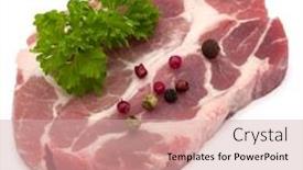  Presentation with raw meat - Amazing slides having raw pork neck chop meat with parsley herb leaves and peppercorn spices garnish isolated on white background cutout backdrop and a soft green colored foreground