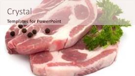  Presentation with raw meat - Presentation theme featuring raw pork neck chop meat with parsley herb leaves and peppercorn spices garnish isolated on white background cutout background and a lemonade colored foreground
