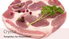  Presentation with raw meat - Audience pleasing slides consisting of raw pork neck chop meat with parsley herb leaves and peppercorn spices garnish isolated on white background cutout backdrop and a coral colored foreground