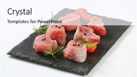  Presentation with tenderloin - Amazing presentation theme having raw pork tenderloin medallions with cherry tomatoes served on the slate board backdrop and a pink colored foreground