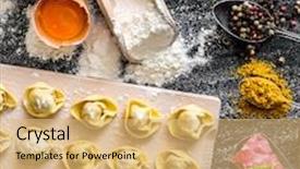  Presentation with kitchen - Audience pleasing presentation theme consisting of fresh italian pasta tortellini - raw ravioli and different products backdrop and a yellow colored foreground