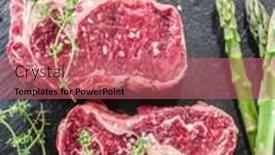  Presentation with grilling - PPT theme with raw-ribeye-steaks-with-herbs background and a coral colored foreground