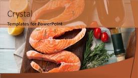  Presentation with salmon fish - Beautiful presentation theme featuring raw-salmon-fish-fillet backdrop and a coral colored foreground