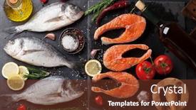  Presentation with salmon fish - Colorful presentation design enhanced with raw salmon fish fillet and dorado fish with spices cooking on cutting board top view backdrop and a tawny brown colored foreground