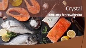  Presentation with salmon fish - Beautiful theme featuring raw salmon fish fillet and dorado with spices cooking on cutting board top view backdrop and a tawny brown colored foreground