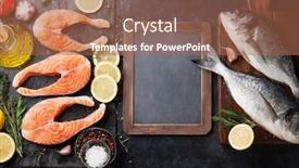  Presentation with salmon fish - Slide set with raw salmon fish fillet and dorado with spices cooking on cutting board top view with space for your text background and a coral colored foreground