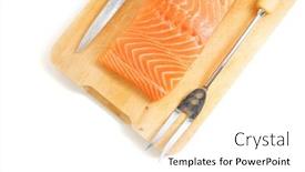  Presentation with salmon fish - Presentation design having raw salmon fish piece on wooden tray isolated on white background background and a white colored foreground