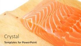  Presentation with salmon fish - Amazing presentation having raw salmon fish piece on wooden tray isolated on white background backdrop and a yellow colored foreground