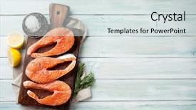  Presentation with salmon fish - Audience pleasing presentation design consisting of raw salmon fish steaks backdrop and a sky blue colored foreground