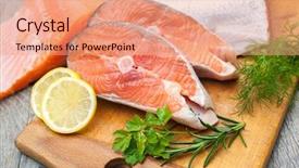  Presentation with salmon fish - Presentation theme enhanced with raw salmon fish steaks background and a coral colored foreground