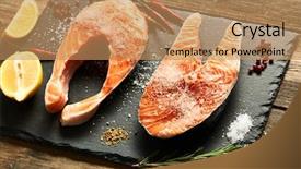  Presentation with steaks - Cool new slide deck with raw salmon steaks and ingredients on slate background backdrop and a coral colored foreground