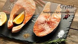  Presentation with proteins keto ketogenic diet raw - Presentation theme consisting of raw salmon steaks and ingredients background and a coral colored foreground