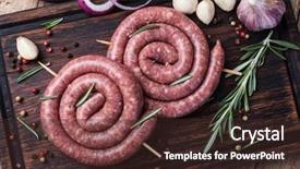  Presentation with cutting board - Theme consisting of raw sausage on a wooden background and a wine colored foreground