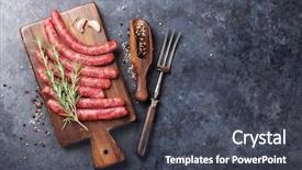  Presentation with top view - Beautiful presentation featuring raw sausages and ingredients backdrop and a dark gray colored foreground