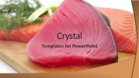 Presentation with fish tuna - Slide deck with raw seafood - pieces of salmon and tuna background and a coral colored foreground
