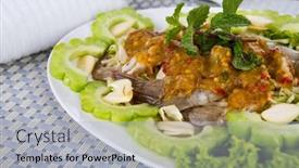  Presentation with shrimp fish - Slide set consisting of raw-shrimp-in-fish-sauce background and a light gray colored foreground