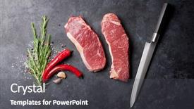  Presentation with table salt - PPT theme having raw striploin steak with rosemary background and a dark gray colored foreground