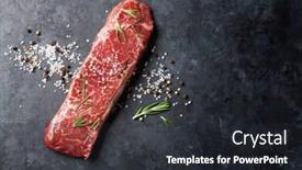  Presentation with table salt - Presentation design having raw striploin steak with rosemary salt and pepper cooking over stone table top view with copy space background and a dark gray colored foreground