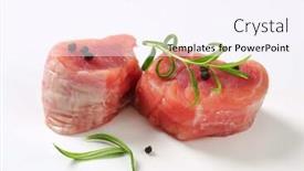  Presentation with tenderloin - Presentation design featuring raw tenderloin medallions with black pepper and thyme background and a sky blue colored foreground