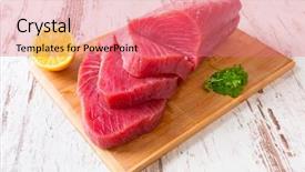  Presentation with tuna - Presentation theme with raw tuna steak on wooden background and a coral colored foreground