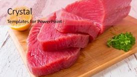  Presentation with tuna - PPT theme with raw tuna steak on wooden background and a coral colored foreground