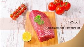  Presentation with tuna - Audience pleasing theme consisting of raw-tuna-steak-on-wooden backdrop and a coral colored foreground