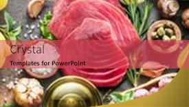  Presentation with graphite - Slides consisting of raw-tuna-steaks-with-spices background and a red colored foreground