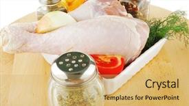  Presentation with white plate - Presentation design with raw uncooked legs on wooden background and a  colored foreground