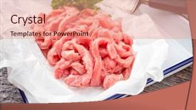  Presentation with veal - Beautiful slide deck featuring raw veal strips for traditional backdrop and a coral colored foreground