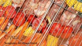 Presentation with raw meat - Beautiful PPT theme featuring raw vegetables and meat waiting preparation on a barbecue backdrop and a gold colored foreground