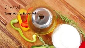  Presentation with wood board - Cool new PPT layouts with raw vegetables served on wood cutting board backdrop and a coral colored foreground