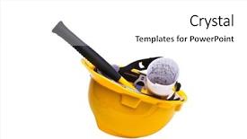  Presentation with blue white and yellow - Theme with rea estate - yellow hard hat with hammer background and a  colored foreground