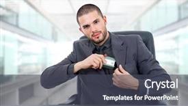  Presentation with business office desk - Colorful presentation theme enhanced with rea estate - young business man backdrop and a dark gray colored foreground