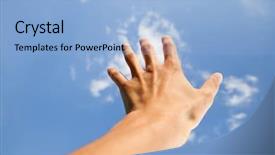  Presentation with hand touching finger digital - Audience pleasing presentation theme consisting of reaching freedom open arm - hand touch the sky backdrop and a light blue colored foreground