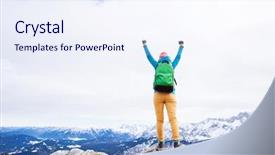  Presentation with mountain climb - Slide deck consisting of reaching goal - female hiker with backpack raised background and a sky blue colored foreground