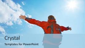  Presentation with summit - Amazing slide deck having reaching goal - happy man hiker holding his backdrop and a light blue colored foreground