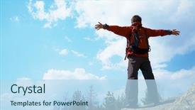  Presentation with summit - Theme consisting of reaching goal - happy man hiker holding his background and a light blue colored foreground