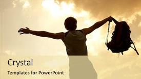  Presentation with summit - Beautiful PPT theme featuring reaching goal - happy man hiker holding his backdrop and a blonde colored foreground