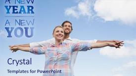  Presentation with happy new year - Audience pleasing PPT theme consisting of reaching goal together - happy couple standing outside backdrop and a sky blue colored foreground